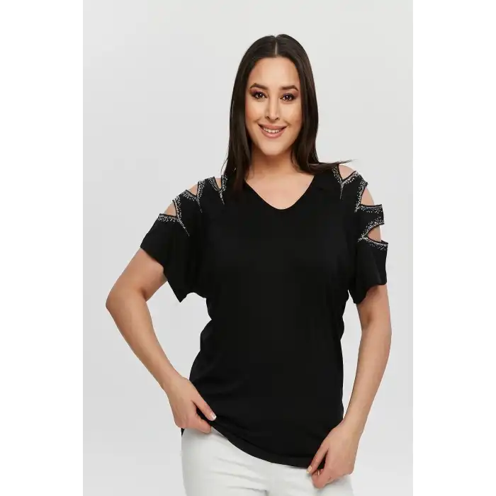 Kadın Büyük Beden Siyah ÖN ARKA V Yaka Omuz Dekolteli Pul İşlemeli Likralı Bluz