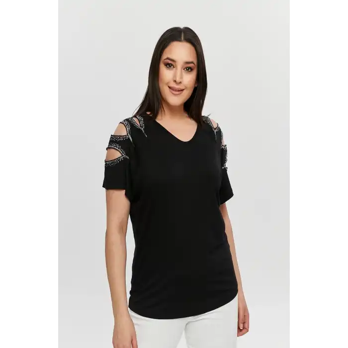 Kadın Büyük Beden Siyah ÖN ARKA V Yaka Omuz Dekolteli Pul İşlemeli Likralı Bluz