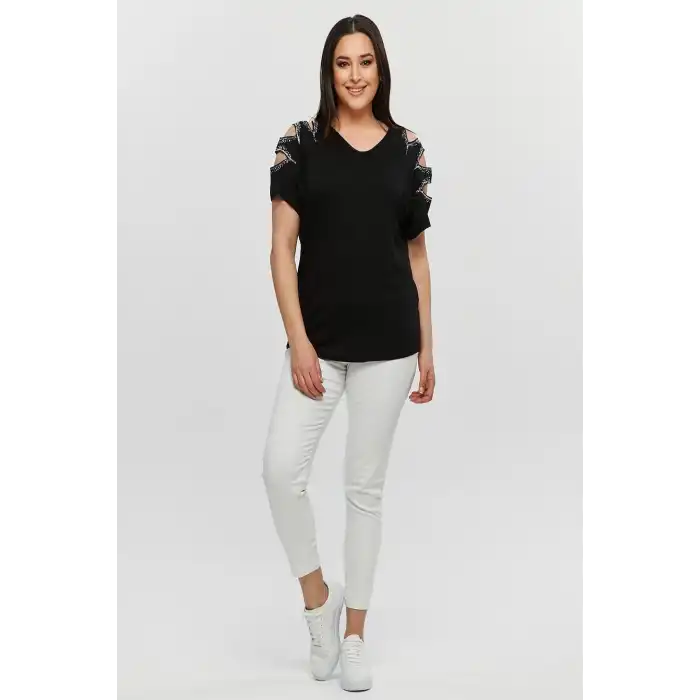 Kadın Büyük Beden Siyah ÖN ARKA V Yaka Omuz Dekolteli Pul İşlemeli Likralı Bluz