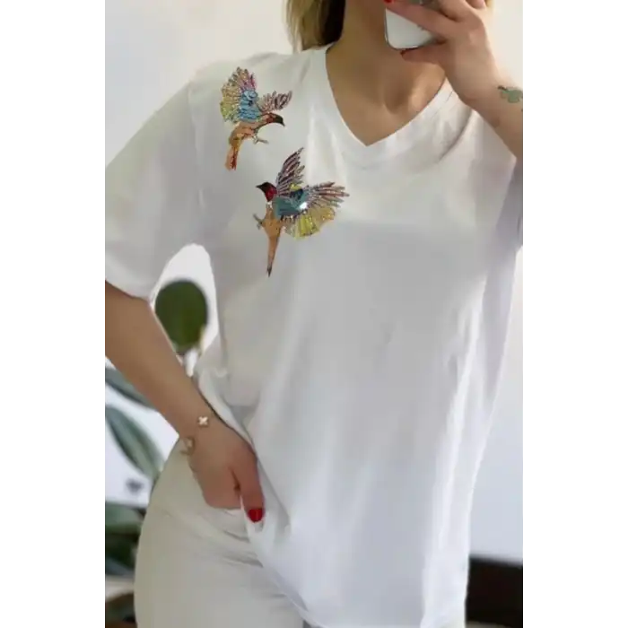 Kadın Büyük Beden Beyaz V Yaka Omzu İki Kuşlu Likralı Pamuk Penye Bluz