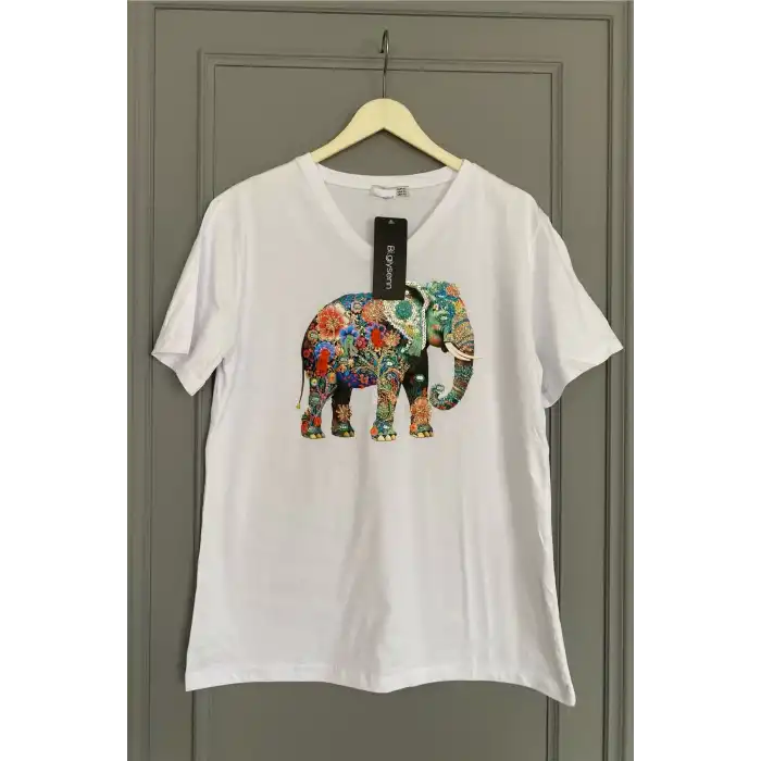 Kadın Büyük Beden Beyaz V Yaka Önü Fil Nakışlı Pul İşlemeli %100 PAMUK PENYE Penye Buluz