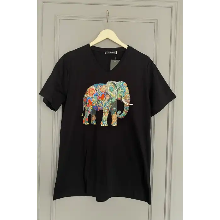 Kadın Büyük Beden Siyah V Yaka Önü Fil Nakışlı Pul İşlemeli %100 PAMUK PENYE Penye Buluz