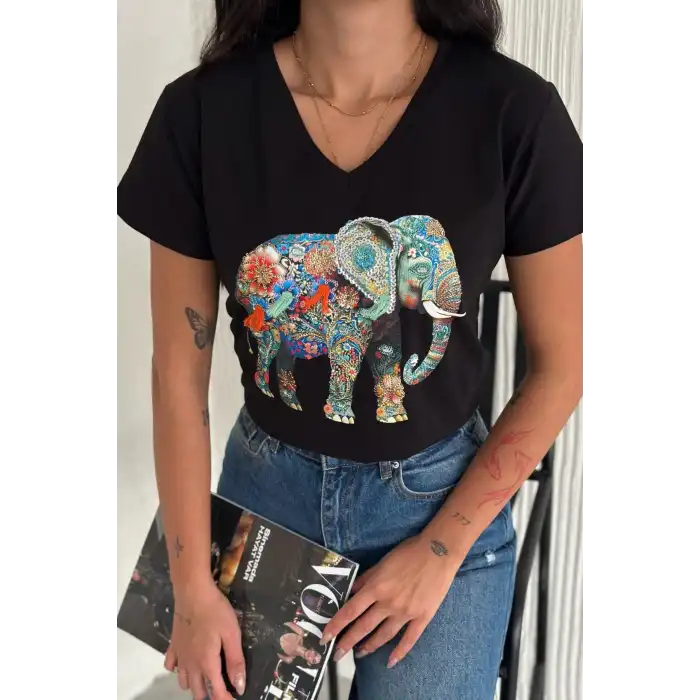 Kadın Büyük Beden Siyah V Yaka Önü Fil Nakışlı Pul İşlemeli %100 PAMUK PENYE Penye Buluz