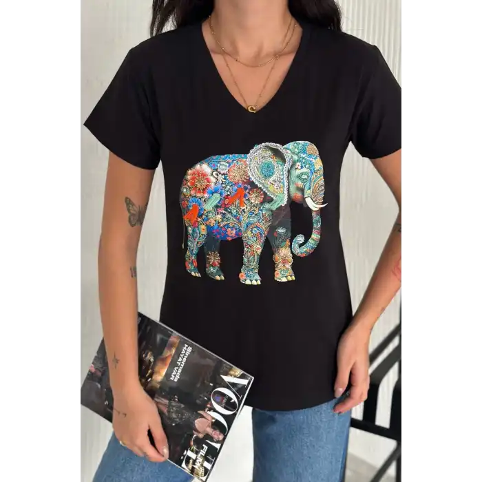 Kadın Büyük Beden Siyah V Yaka Önü Fil Nakışlı Pul İşlemeli %100 PAMUK PENYE Penye Buluz