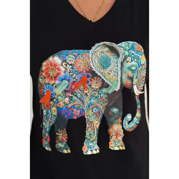 Kadın Büyük Beden Siyah V Yaka Önü Fil Nakışlı Pul İşlemeli %100 PAMUK PENYE Penye Buluz