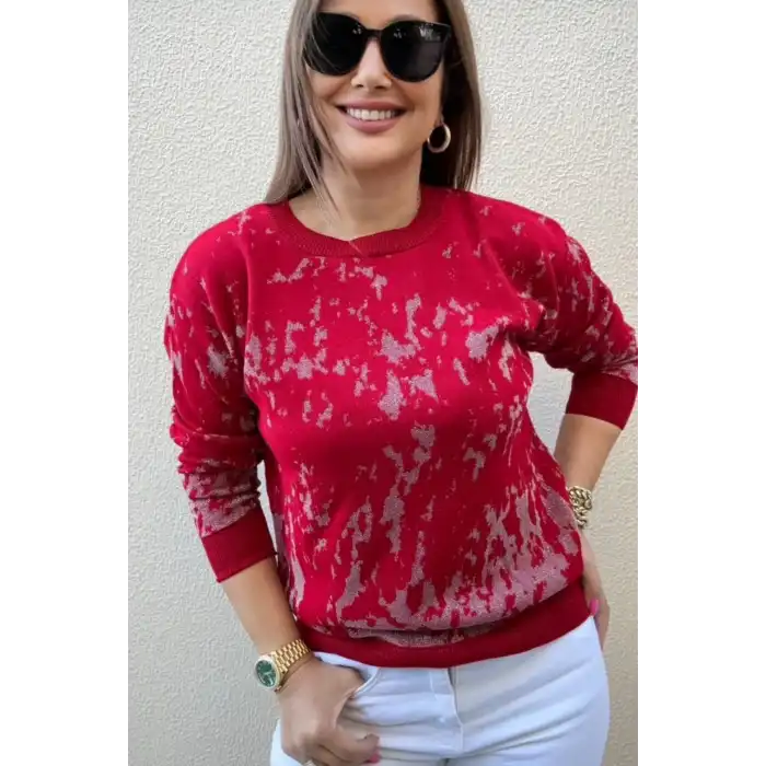 Kadın Bordo Gri Sim Detaylı Bisiklet Yaka Batik Desen Yeni Sezon Likralı Esnek Tiriko Kazak