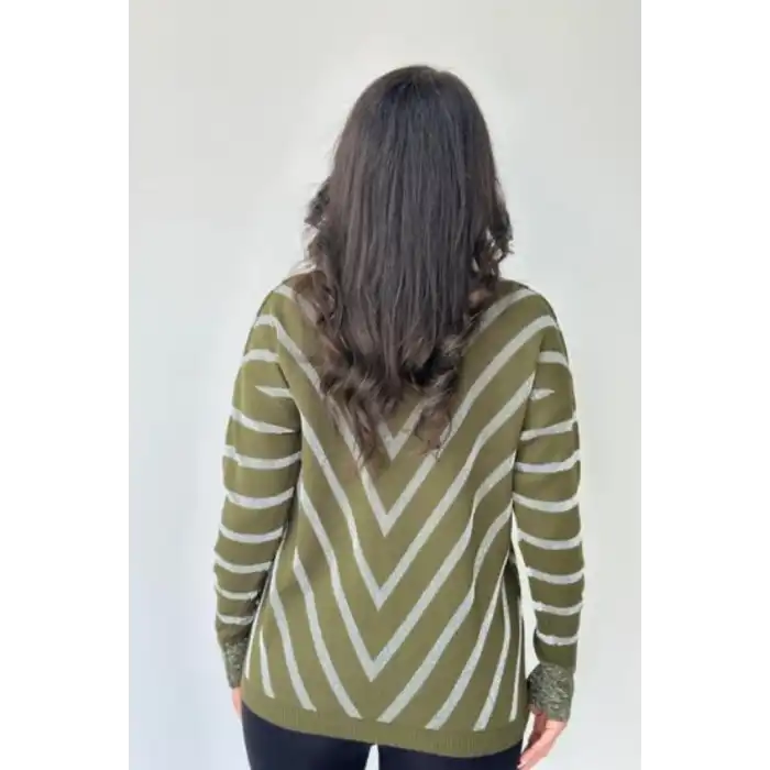 Kadın Haki Yeşil V Yaka Verev Sim Çizgili Likralı İnce Tiriko Yumuşak Dokulu Kazak