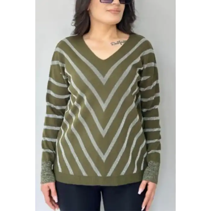 Kadın Haki Yeşil V Yaka Verev Sim Çizgili Likralı İnce Tiriko Yumuşak Dokulu Kazak