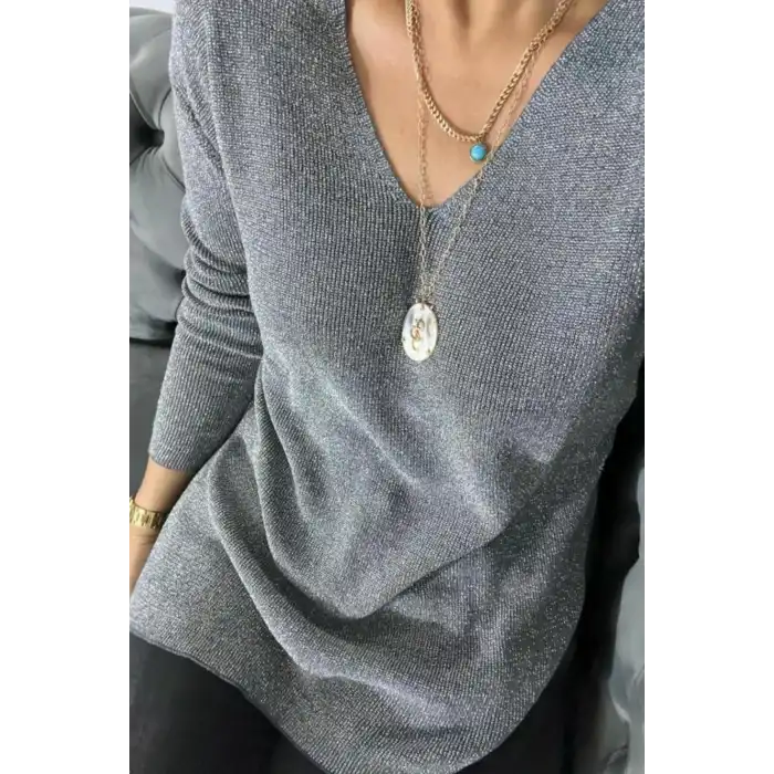 Kadın Gri V Yaka Likralı Dışı Simli İçi Yumoş İnce Triko Bluz