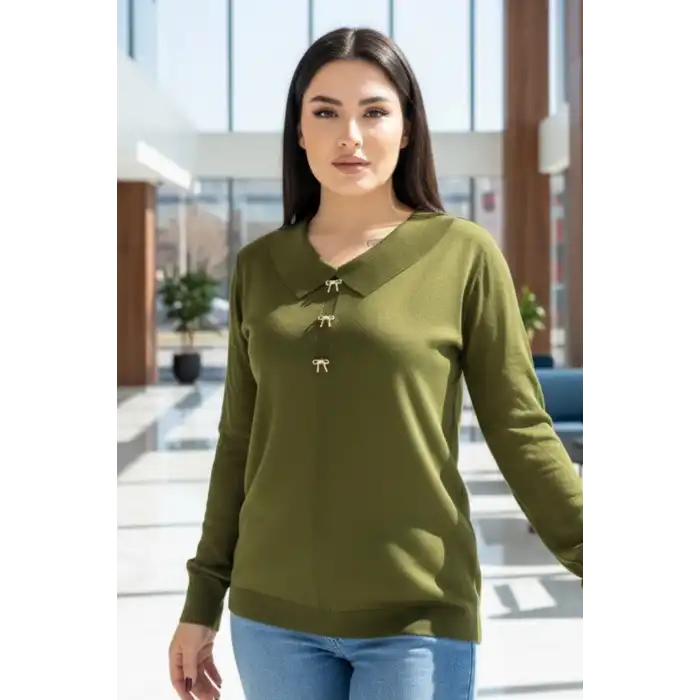 Kadın Haki Yeşil Bebe Yakalı Kollar Ajurlu Fileli Simli Likralı Yumuşak Dokulu İnce Tiriko Kazak