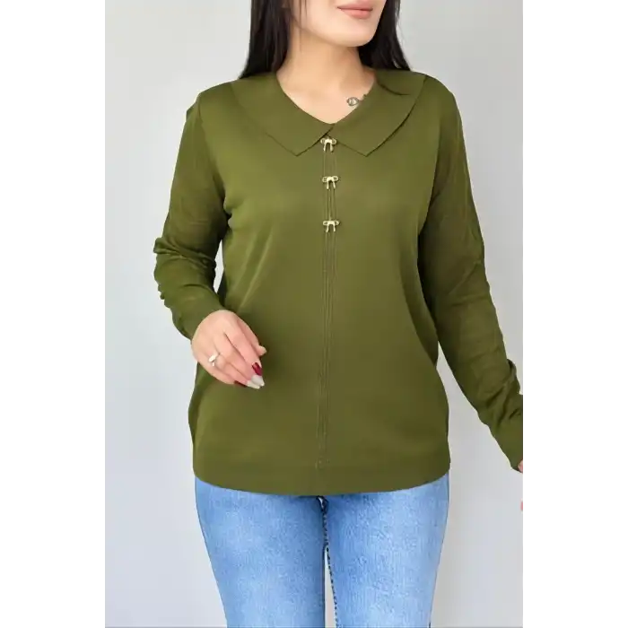 Kadın Haki Yeşil Bebe Yakalı Kollar Ajurlu Fileli Simli Likralı Yumuşak Dokulu İnce Tiriko Kazak