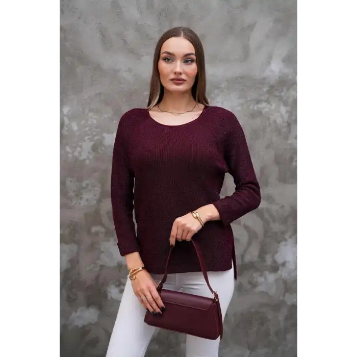 Kadın Bordo renk Bisiklet Yaka SİMLİ İnce Tiriko Duble Kol Manşetli Bluz