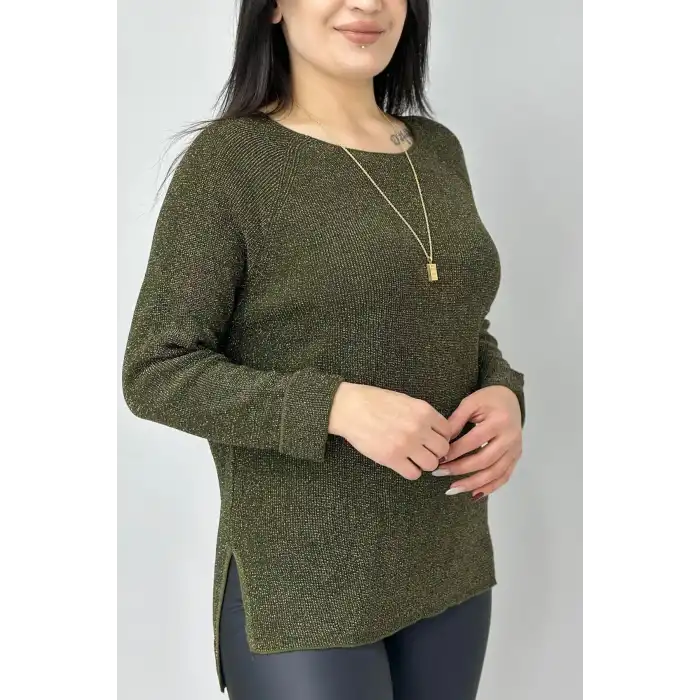 Kadın Haki Yeşil Bisiklet Yaka SİMLİ İnce Tiriko Duble Kol Manşetli Bluz