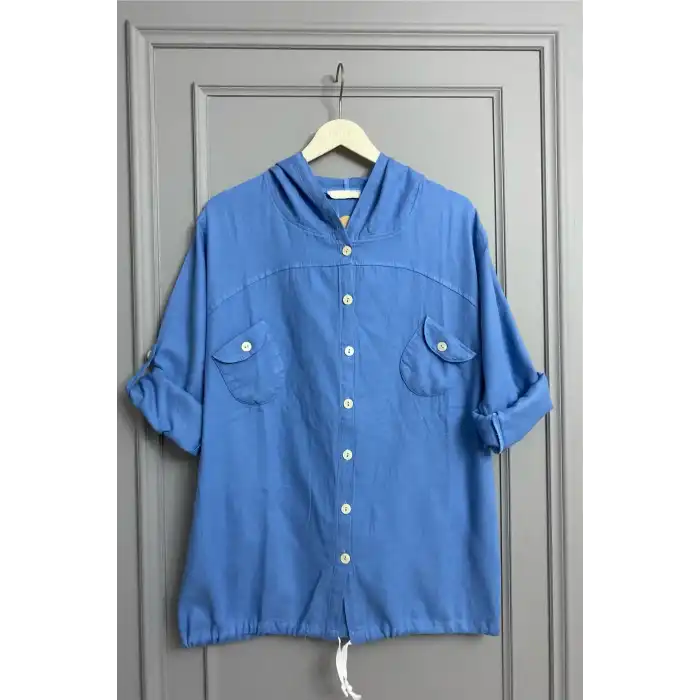 Kadın Açık Mavi Büyük Beden Sırtı Kelebek Nakışlı Kol Katlamalı Pamuk Keten Kumaş Gömlek Ceket