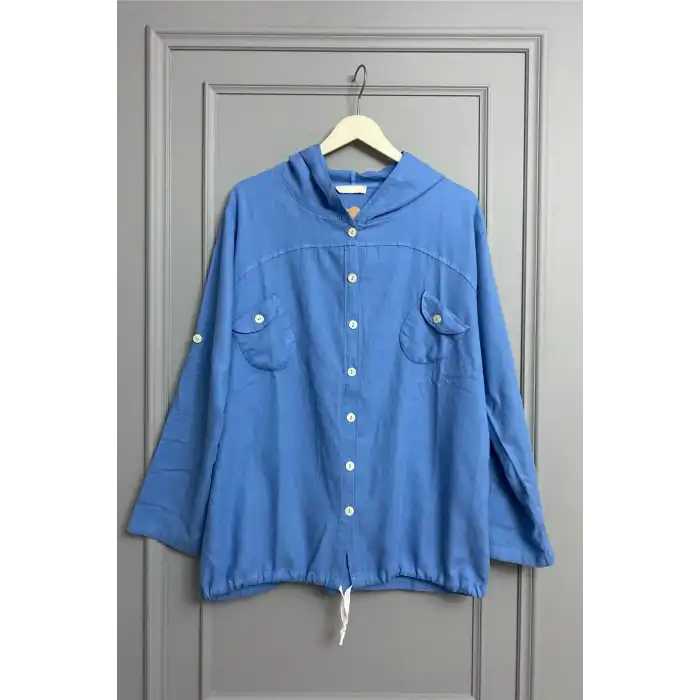 Kadın Açık Mavi Büyük Beden Sırtı Kelebek Nakışlı Kol Katlamalı Pamuk Keten Kumaş Gömlek Ceket