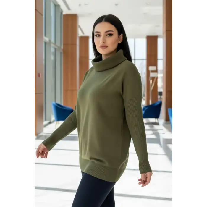 Kadın Haki Yeşil Degaje Yaka Yandan Cepli Likralı İnce Triko Bluz