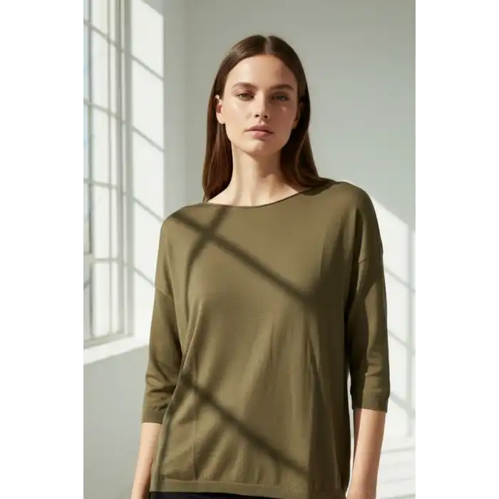 Kadın Haki Yeşil Kayık Yaka Likralı % 100 PAMUK İPLİK İnce Triko Bluz
