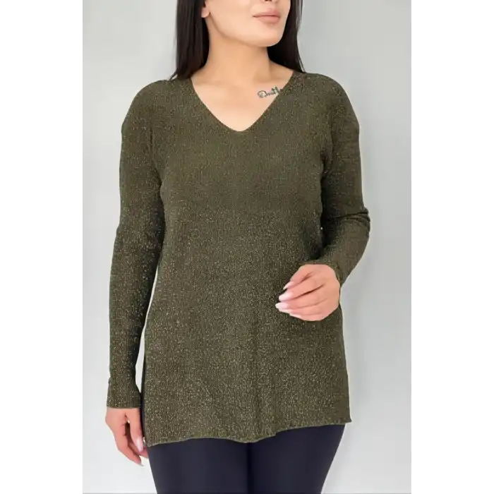 Kadın Haki Yeşil V Yaka Likralı Dışı Simli İçi Yumoş İnce Triko Bluz