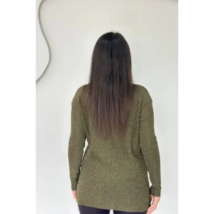 Kadın Haki Yeşil V Yaka Likralı Dışı Simli İçi Yumoş İnce Triko Bluz