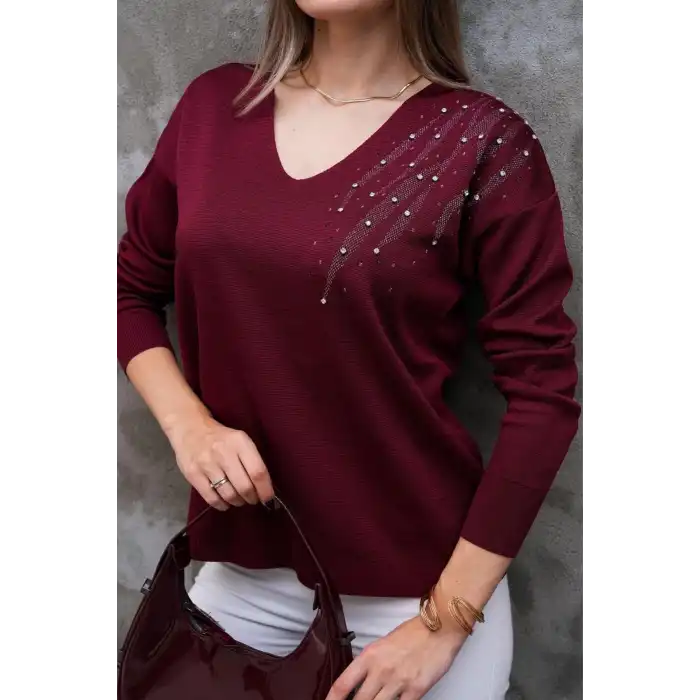 Kadın Bordo V Yaka Omzu Kristal İnci Ve Taş İşlemeli Likralı Tiriko Kazak Bluz