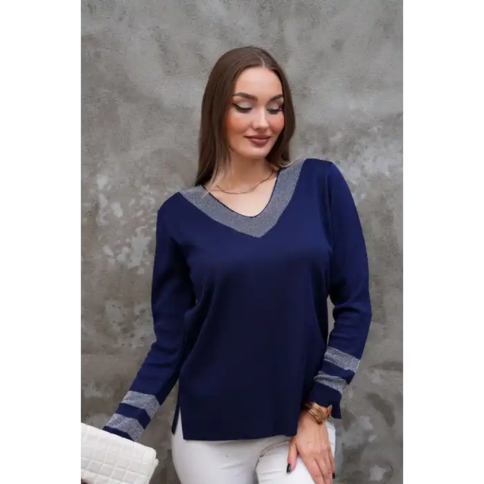 Kadın Lacivert V Yaka Yakası Ve Kolu GIRİ Simli Likralı İthal İp Örgü İnce Tiriko Kazak