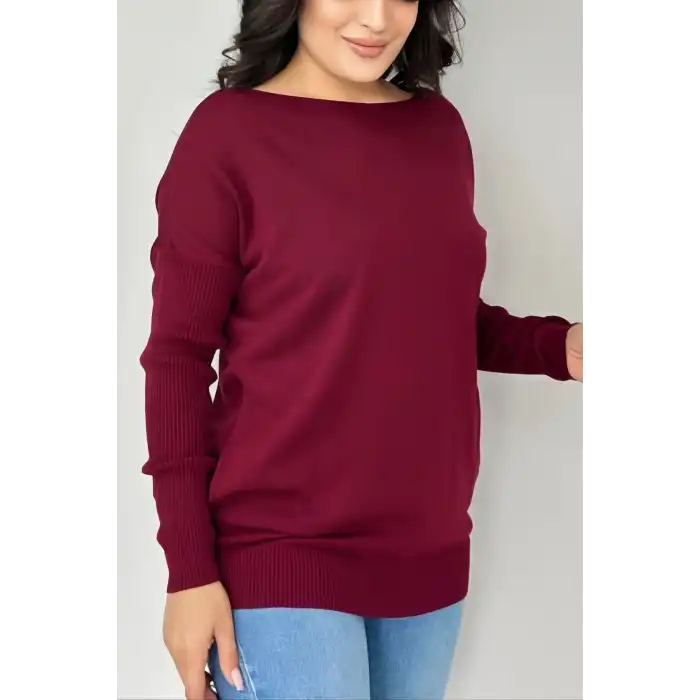 Kadın BORDO Bisiklet Yaka Yandan Cepli Likralı Yumuşak Dokulu İnce Tiriko Kazak