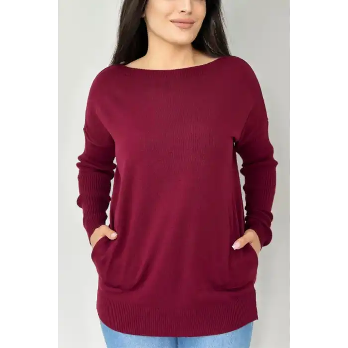 Kadın BORDO Bisiklet Yaka Yandan Cepli Likralı Yumuşak Dokulu İnce Tiriko Kazak