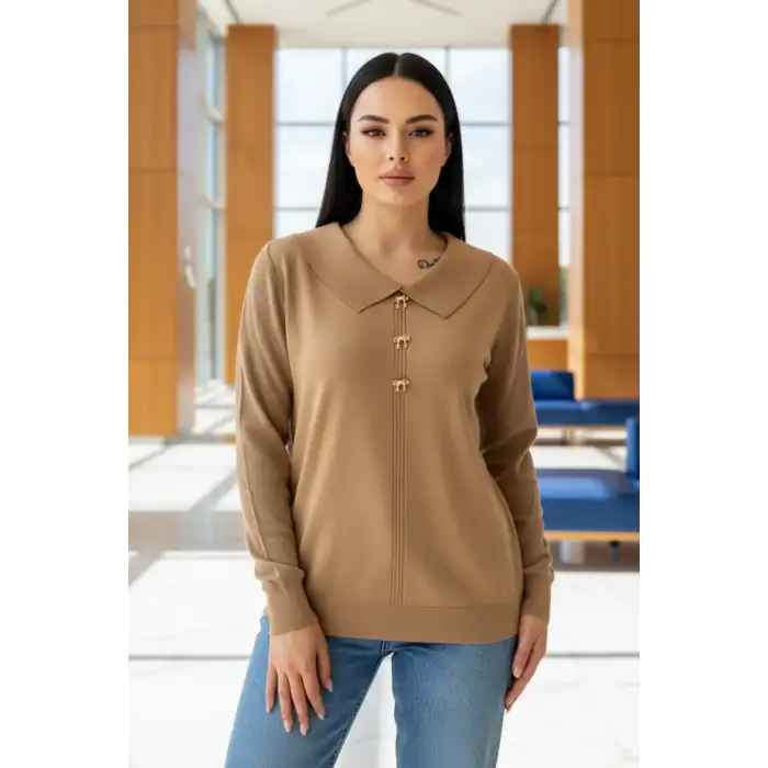 Kadın Kahve Bebe Yakalı Kollar Ajurlu Fileli Simli Likralı Yumuşak Dokulu İnce Tiriko Kazak