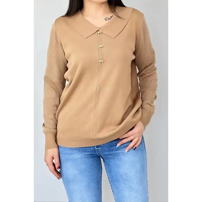 Kadın Kahve Bebe Yakalı Kollar Ajurlu Fileli Simli Likralı Yumuşak Dokulu İnce Tiriko Kazak