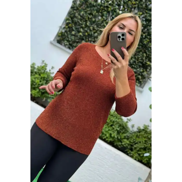 Kadın Kahve Bisiklet Yaka SİMLİ İnce Tiriko Duble Kol Manşetli Bluz