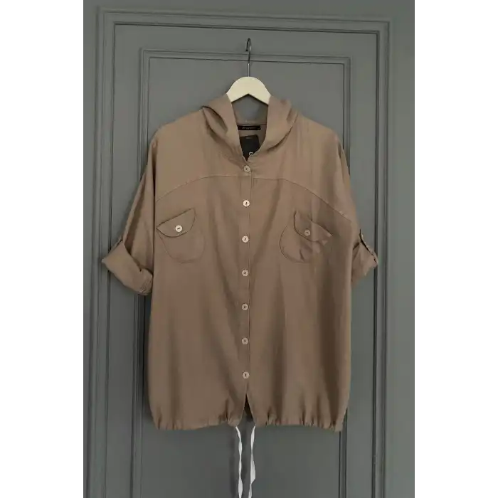 Kadın Kahve Büyük Beden Sırtı Kelebek Nakışlı Kol Katlamalı Pamuk Keten Kumaş Gömlek Ceket