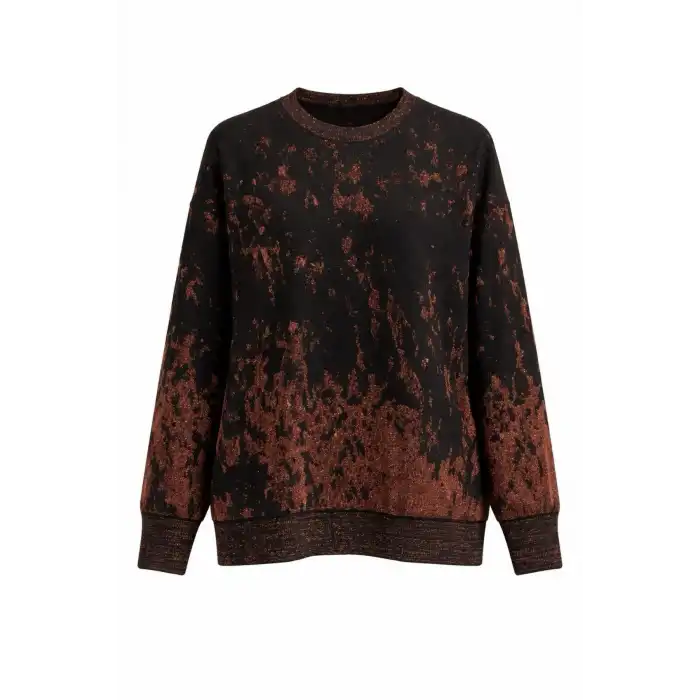 Kadın GOLD KAHVE Sim Detaylı Bisiklet Yaka Batik Desen Yeni Sezon Likralı Esnek Tiriko Kazak