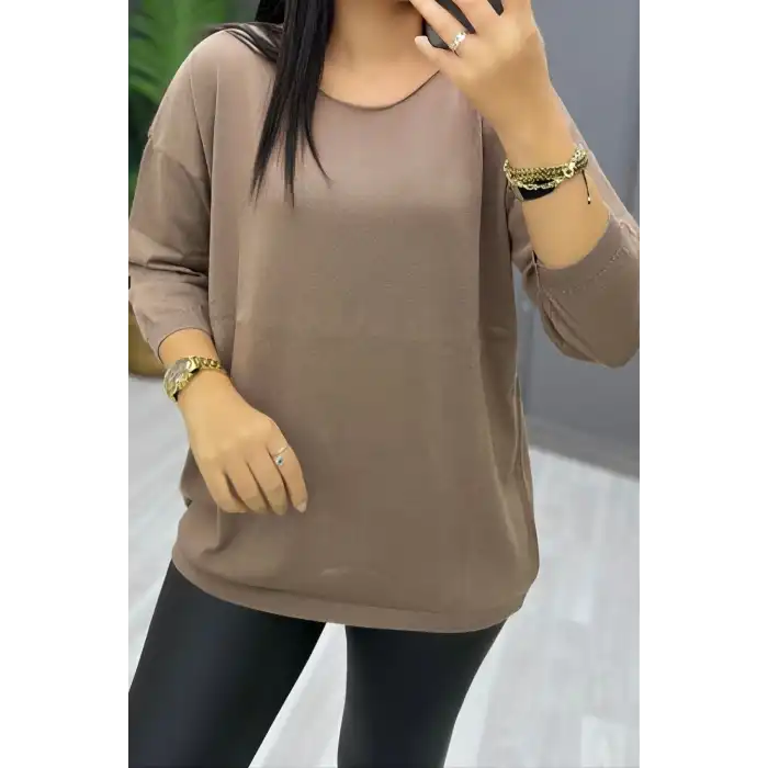 Kadın Kahve Kayık Yaka Likralı % 100 PAMUK İPLİK İnce Triko Bluz