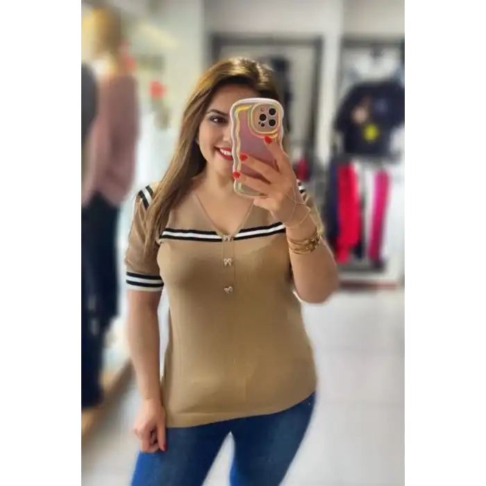 Kadın Kahve Kol File Ve Şeritli Yumuşak Dokulu Likralı Soğuk İplik Pamuklu İnce Tiriko Bluz