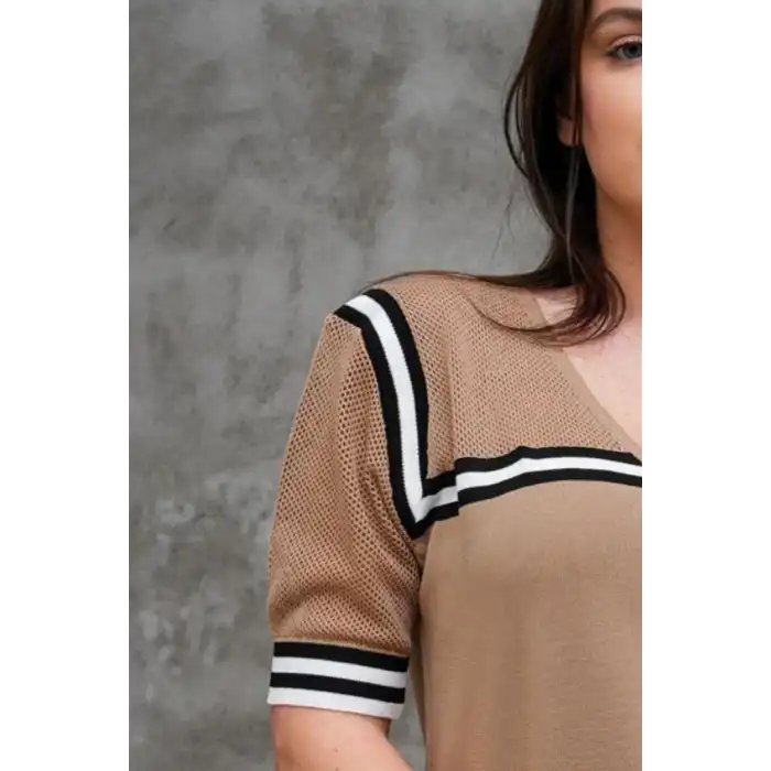 Kadın Kahve Kol File Ve Şeritli Yumuşak Dokulu Likralı Soğuk İplik Pamuklu İnce Tiriko Bluz