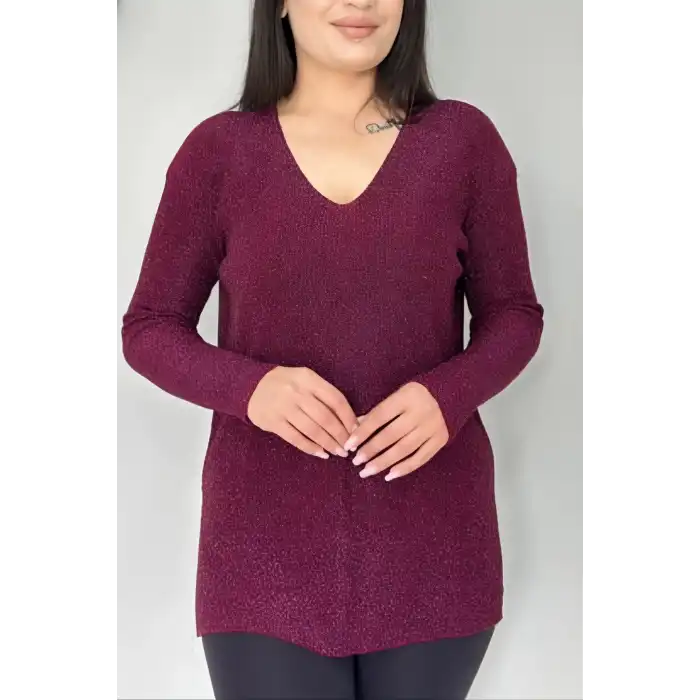 Kadın Mürdüm V Yaka Likralı Dışı Simli İçi Yumoş İnce Triko Bluz