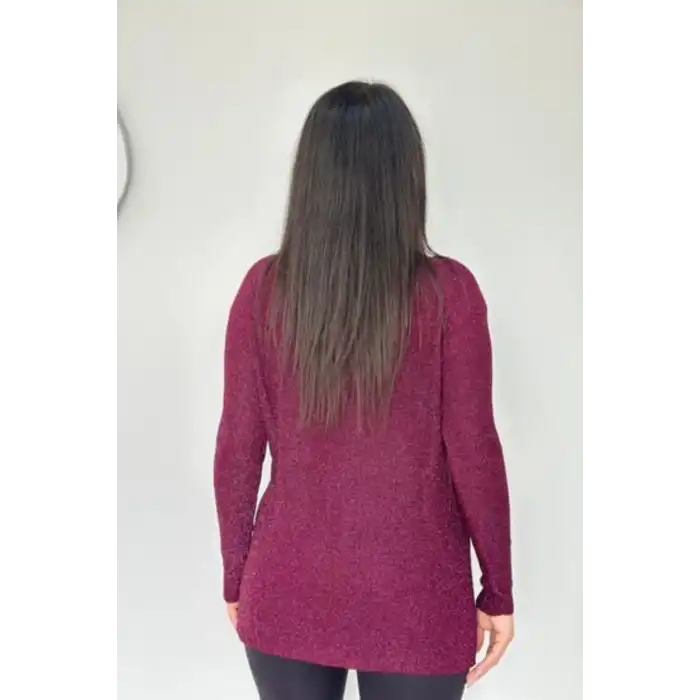 Kadın Mürdüm V Yaka Likralı Dışı Simli İçi Yumoş İnce Triko Bluz