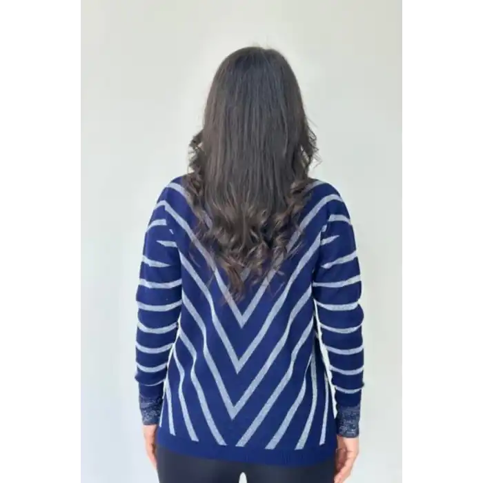 Kadın Lacivert V Yaka Verev Sim Çizgili Likralı İnce Tiriko Yumuşak Dokulu Kazak