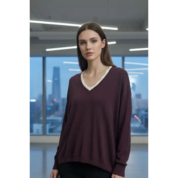 Kadın Kahve V Yaka Yakası Çift Renkli Pamuk Örgü Likarlı İnce Triko Buluz