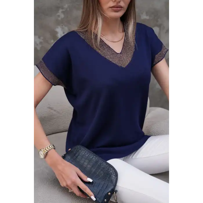 Kadın Lacivert V Yaka Yakası Sim Detaylı Soğuk İplik Yazlık İnce Merserize Buluz
