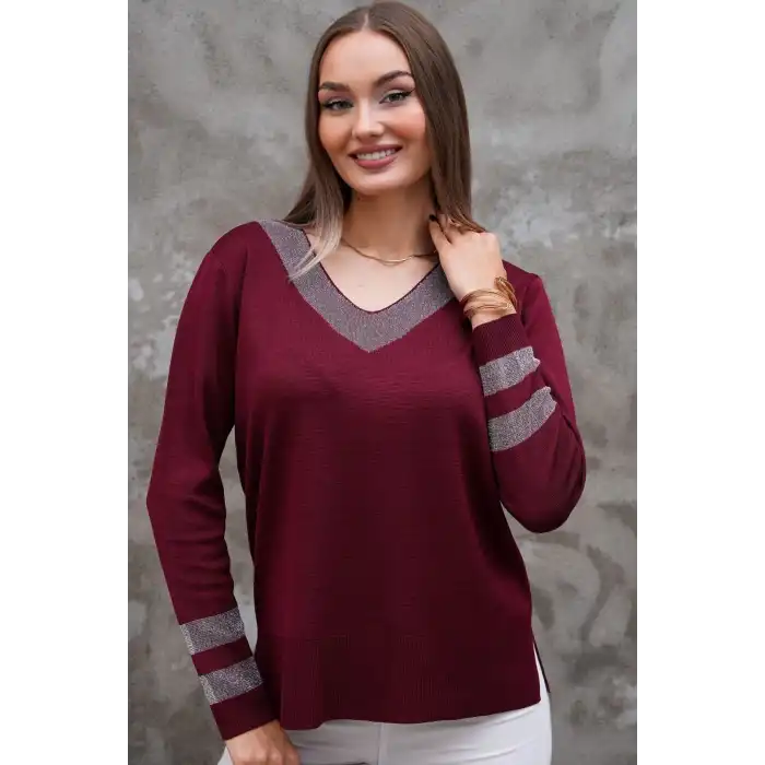 Kadın Bordo  V Yaka Yakası Ve Kolu GIRİ Simli Likralı İthal İp Örgü İnce Tiriko Kazak
