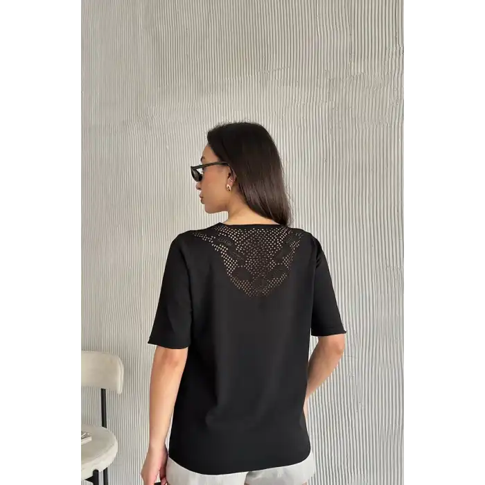 Kadın Siyah V Yaka Yakası Ve Sırtı Detaylı Soğuk İpilik Merserize Likralı Buluz