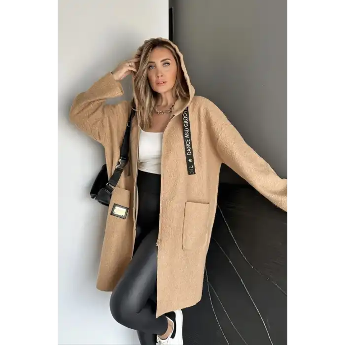 Kadın Kapüsonlu KAMEL Cepli Kıvırcık Buklet Kumaş ASTARSIZ Mevsimlik Mont