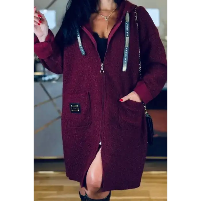 Kadın Kapüsonlu BORDO Cepli Kıvırcık Buklet Kumaş ASTARSIZ Mevsimlik Mont