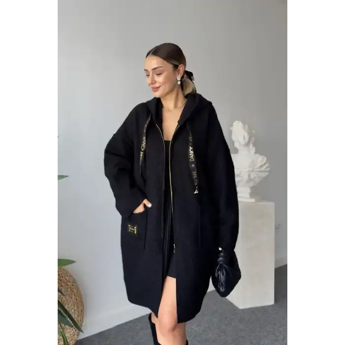 Kadın Kapüsonlu Siyah Cepli Kıvırcık Buklet Kumaş ASTARSIZ Mevsimlik Mont