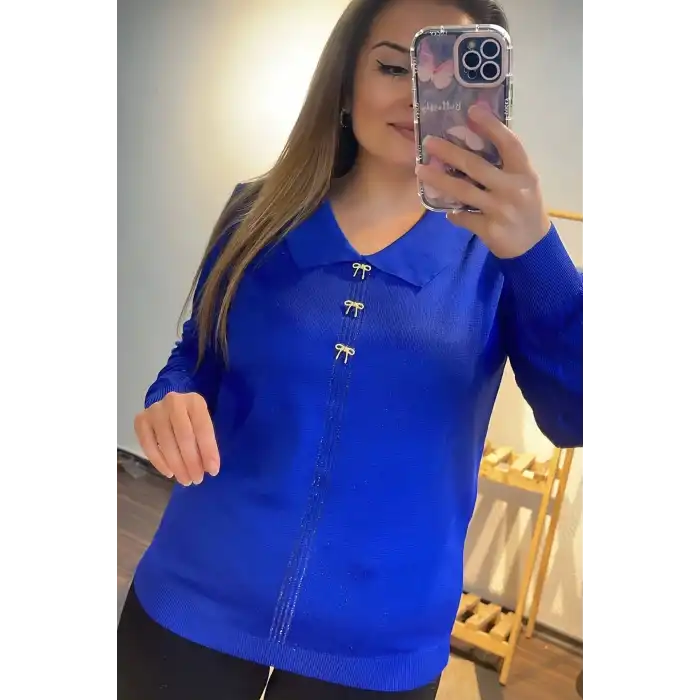 Kadın Mavi Bebe Yakalı Kollar Ajurlu Fileli Simli Likralı Yumuşak Dokulu İnce Tiriko Kazak