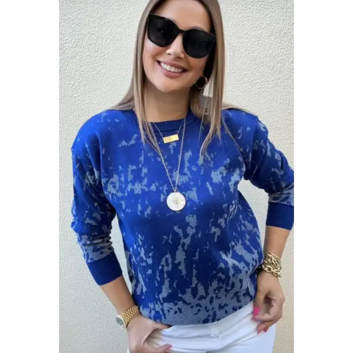 Kadın Mavi Gri Sim Detaylı Bisiklet Yaka Batik Desen Yeni Sezon Likralı Esnek Tiriko Kazak