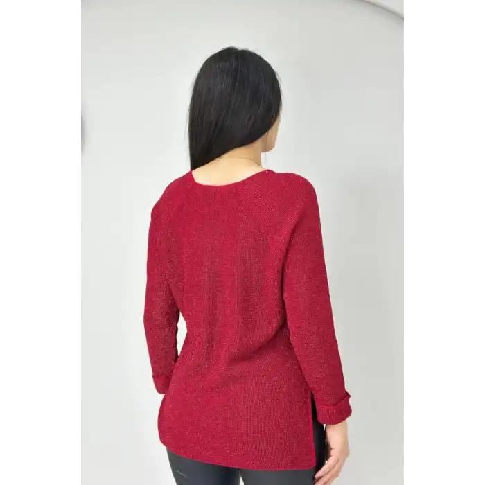 Kadın Kırmızı Bisiklet Yaka SİMLİ İnce Tiriko Duble Kol Manşetli Bluz