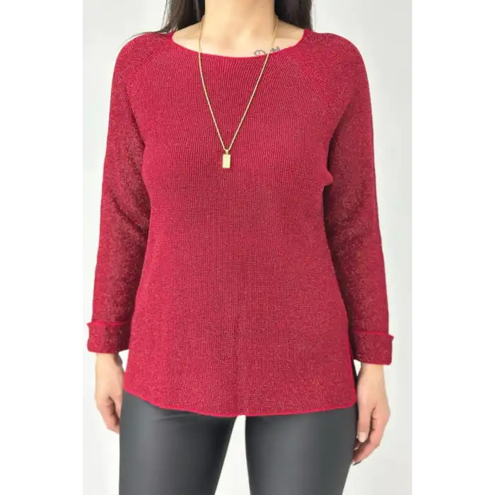 Kadın Kırmızı Bisiklet Yaka SİMLİ İnce Tiriko Duble Kol Manşetli Bluz