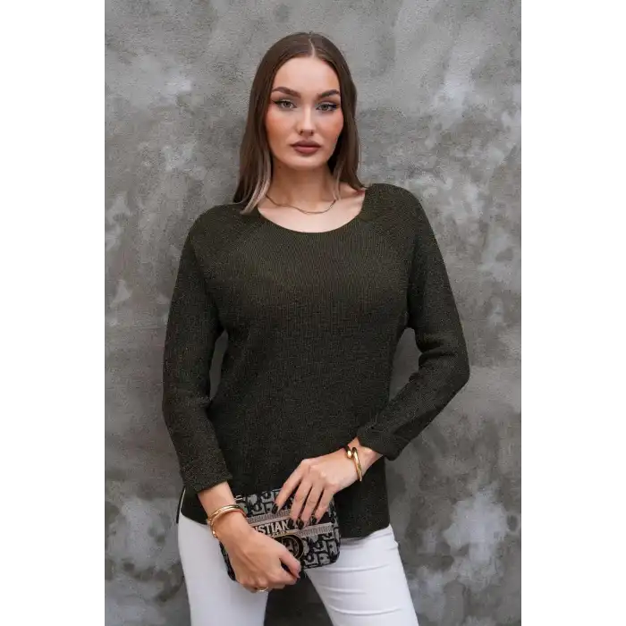 Kadın Haki Yeşil Bisiklet Yaka SİMLİ İnce Tiriko Duble Kol Manşetli Bluz